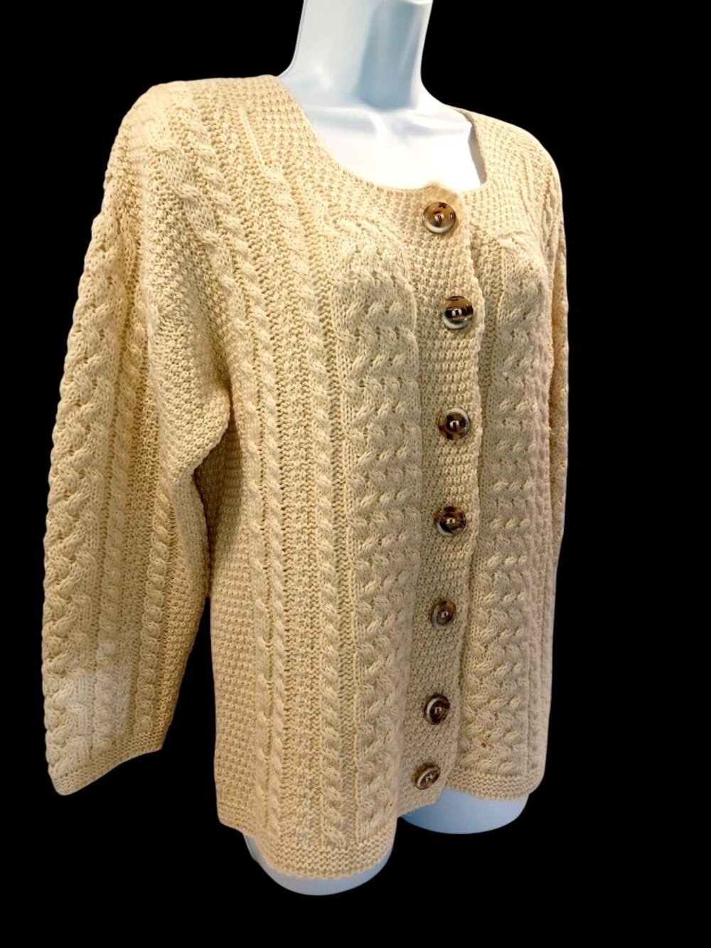 Aran Crafts Irish Wool Cable Knit Tan Cardigan Cottagecore Sweater Women's Med